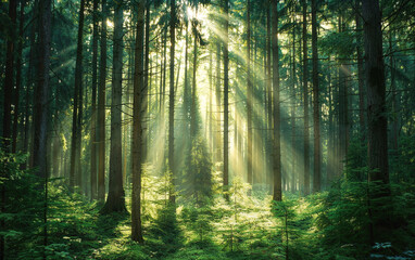 Fototapeta premium Sunlight streams through a dense green forest, creating a mystical atmosphere