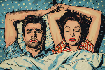 Vintage pop art style illustration of a couple relaxing together in bed