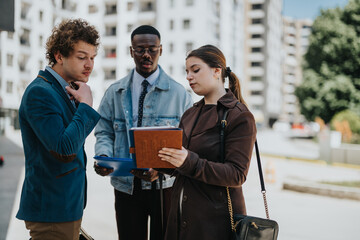 Three young business professionals deeply involved in a discussion, holding documents and a digital...