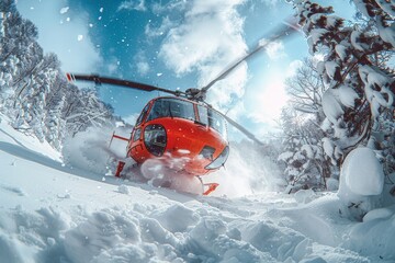 A dynamic image capturing a red helicopter as it lands in a snowy forest area, stirring up a cloud of snow
