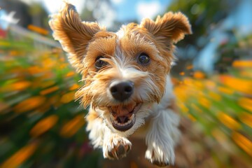 A small, happy dog's face close-up with a blurred background of vibrant flowers, illustrating joy and excitement