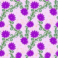 Violet flowers seamless pattern with textured background 