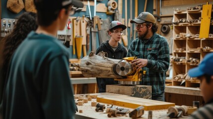A skilled woodworker demonstrates lathe techniques to a group of engaged young apprentices in a well-equipped workshop. AIG41