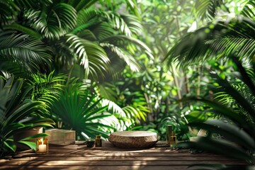Fototapeta na wymiar Jungle table background. Interior table for a cosmetic item against the backdrop of tropical plants, palms and jungle - generative ai