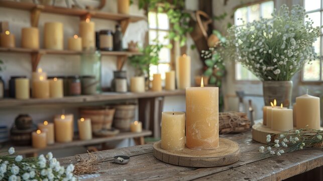 workshop theme featuring retro-designed soy candle making setup with wooden tools and molds perfect for a rustic candle-making experience
