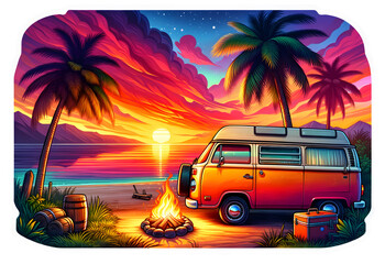 Tropical Sunset Escape: Vibrant Illustration of a Classic Van Parked by the Beach with a Bonfire Under Palm Trees