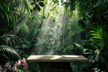 Jungle table background. Interior table for a cosmetic item against the backdrop of tropical plants, palms and jungle - generative ai