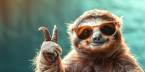 a sloth wearing sunglasses and a peace sign sign with its hand up in the air - obrazy, fototapety, plakaty