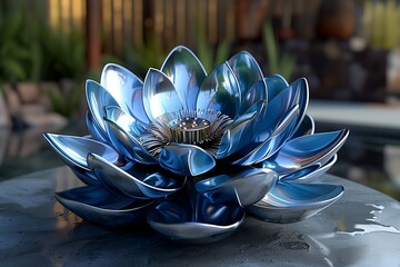 a metal sculpture of a blue lotus flower on a table - obrazy, fototapety, plakaty