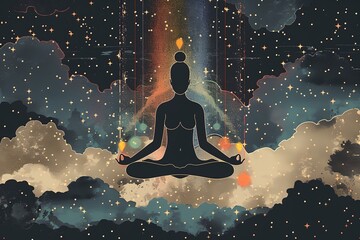 Person sitting in a lotus position in the sky with stars and clouds around them and a rainbow in the background. - obrazy, fototapety, plakaty
