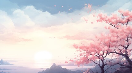 Serene Anime-Inspired Landscape with a Blooming Sakura Tree at Sunset