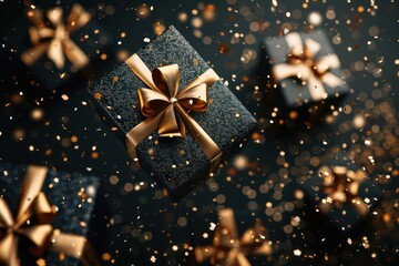 A decorative Christmas gift box featuring a golden bow and star-shaped ornaments, surrounded by colorful bokeh lights, adding to the festive atmosphere