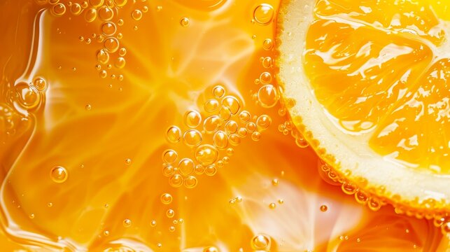 close up of orange juice with bubbles and oranges, macro photography