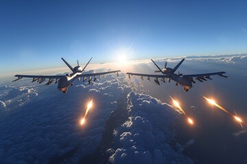 Naklejka premium Stunning image showing two military aircraft performing air-to-air refueling against a backdrop of the setting sun and clouds