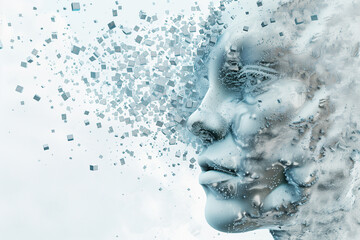 A human face digitally constructed with thousands of small blue and white cubes, disintegrating into a cloud of pixels on one side, conveying a dynamic and ephemeral quality