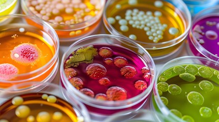 Colorful variety of microorganism inside petri dish plate in laboratory with super macro zoom background, including of bacteria, protozoa, algae, and fungi