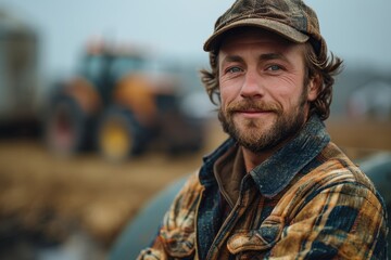 Fototapeta premium Smiling man in cap and plaid shirt standing near a plowed field