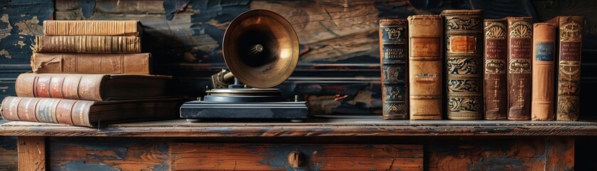 Obraz premium Nostalgic image of a gramophone sitting on a shelf with a stack of old books in the background.