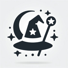 Wizard hat and wand with star surround icon
