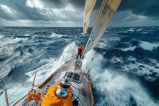 A sailor in waterproof gear handles the sailing boat amidst turbulent deep blue sea waves, indicating adventure, skill, challenge, and action