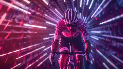 cyclist competing in a virtual reality cycling race with vibrant lights