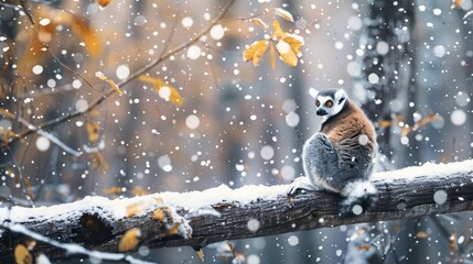 Naklejka premium cute lemur portrait in winter snowy forest setting animal photography banner