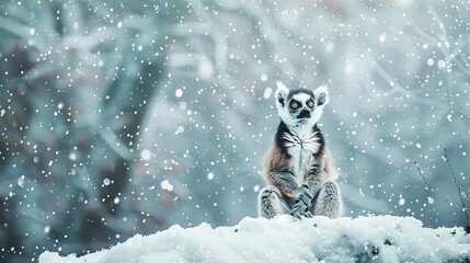 cute lemur portrait in winter snowy forest setting animal photography banner