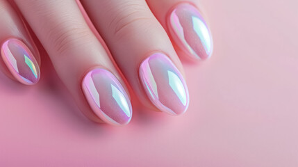 elegant pastel pink iridescent manicure on a soft pink background