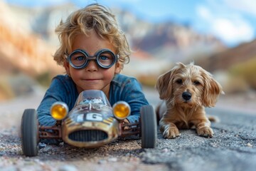Lying on a gravel road, a child and puppy are engrossed with a small toy car, hinting at friendship and innocence