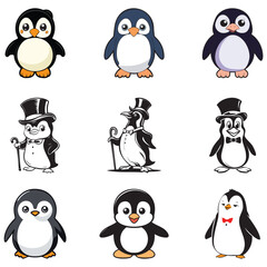 set of penguin vector designs, penguin logo, penguin cartoon, penguin vector, penguin, icon, ice, happy, graphic, flat, element, drawing, design, decoration, cute, concept, cold, character, cartoon