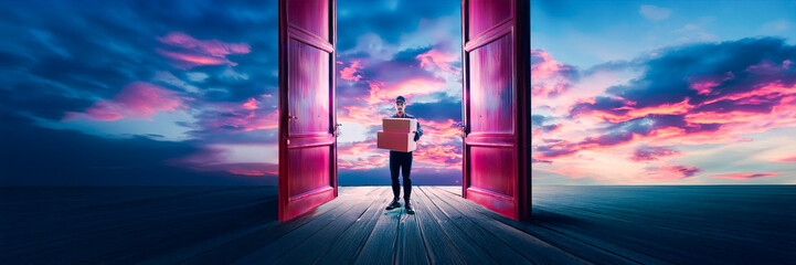 delivery concept silhouette design on cloudscape nature horizon and floor and red door entrance passage