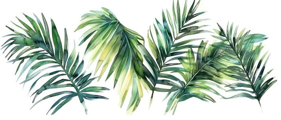 palm tree leafs watercolor, white background