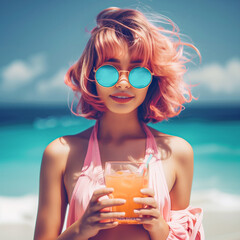 Lifestyle portrait of youth caucasian girl enjoying at cocktail on the summer seacoast.