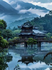 asian pavilions elegant decor, mountain and water scenery