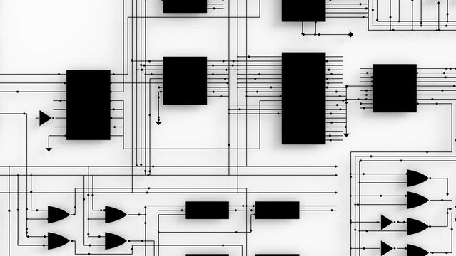electrical diagram of an integrated circuit board 3d animation. Can be used to represent semiconductor logical operations, computer engineering  or computer architecture electronics