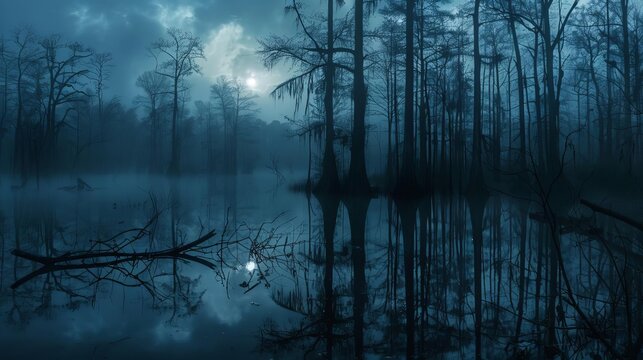 eerie misty swamp at night with moonlight reflecting on still water atmospheric landscape photograph