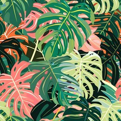 tropical monstera leaves forest pattern background