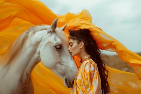 Fashion editorial shoot. Profile of a woman and a white horse putting their faces together. Orange fabric floating in the background