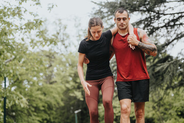 Fototapeta premium A caring man helps his girlfriend as she struggles with a leg injury after running in the park, demonstrating support and partnership.
