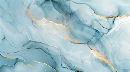 Naklejka premium Marble blue gold. Abstract blue and white marble background with golden lines, liquid art painting in the style of watercolor