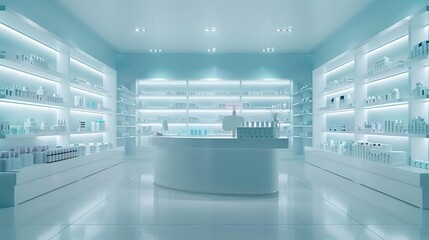 empty modern pharmacy interior with shelves and counter healthcare background