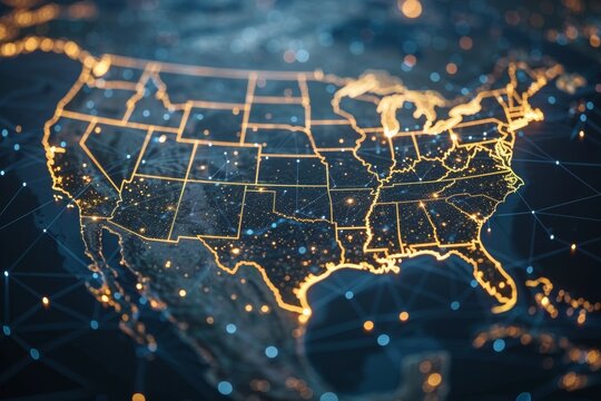 A map of the United States with a glowing outline