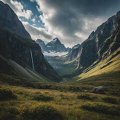 dark valley in the shadow of a mountain