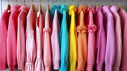 A row of vibrant shirts hanging neatly on a rack in a store, showcasing a variety of colors and styles