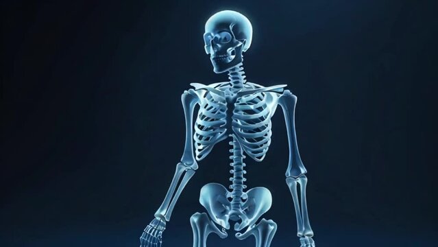 skeleton walking on a blue background, glowing bones, walking over a skeleton, thin skeleton, 3d render of a man's body, skeletal, fleshy skeletal, translucent xray, half woman half skeleton 