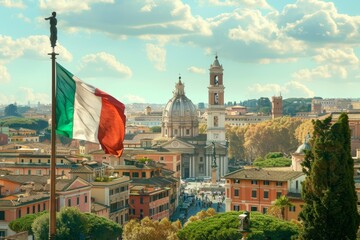 Obraz premium Italian flag waving with city skyline in the background, creating a patriotic and picturesque scene