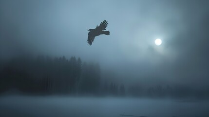 A bird is flying over a body of water in the woods