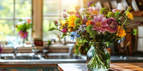 Spring floral bouquet on kitchen counter
