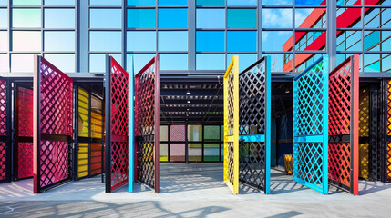 Urban art storage facility with colorful, patterned metal gates that slide open to reveal equally...
