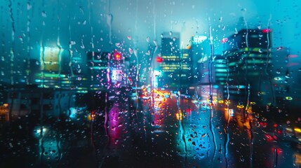 A blurry image of a city street with raindrops on the window